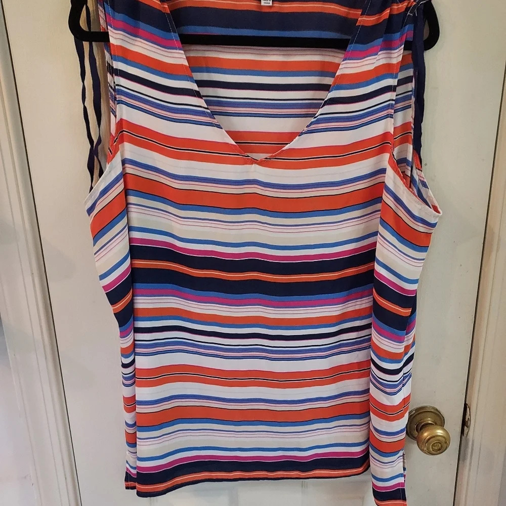 Rose + Olive Sheer Striped V-Neck Tank Top in Size 1X